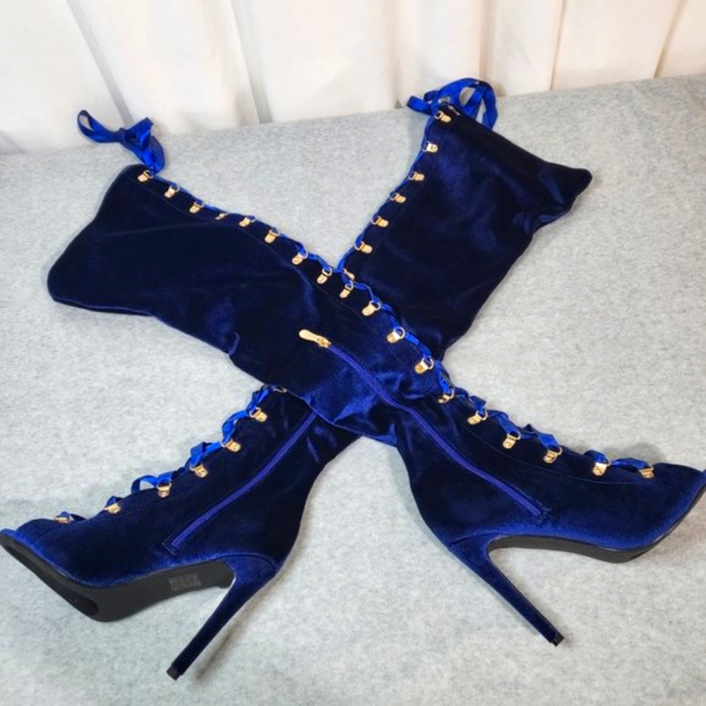 * Cape Robbin Navy Blue Satin Lace Up High Heel Thigh Boots - Picture 11 of 11